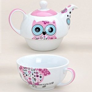 Teekanne mit Tasse Teetasse TEA FOR ONE Set Eule rosa blau 17x17 cm aus Porzellan Geschenkset