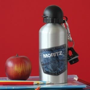 Trinkflasche in silber mit Jeanstasche