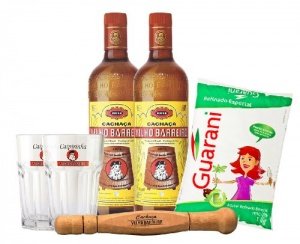 Velho Barreiro Caipi Set Brasil Caipirinha mit 2 Flasche Cachaca + Rohrzucker + Gläser + Stampfer, 
