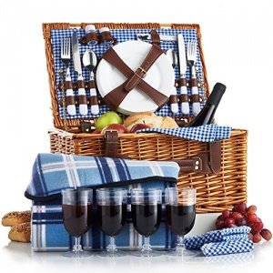 VonShef 4 Personen Weidenkorb Picknickkorb Tragekorb Set mit Besteck, Tellern, und Weingläsern, Fut