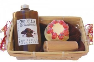Wellness Geschenkset 5 tlg. Schokoladen Duschbad und Shampoo, Badekugel, gerollte Duftseife, Seiftuc