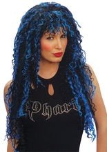 Wilde Locken-Perücke lang Hexe blau-schw