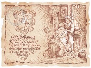 Zunftbild Hebamme auf Antikpapier im A4-