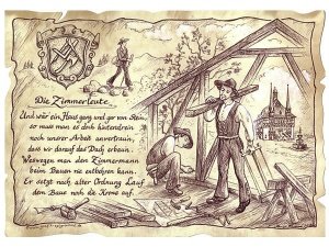 Zunftbild Zimmerleute auf Antikpapier im