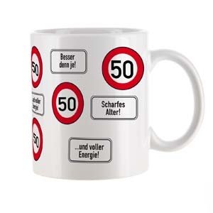 zum 50. Geburtstag eine große Kaffeetasse mit Verkehrszeichen *5