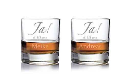 2er Set Whisky Gläser mit Gravur zur Hochzeit – Motiv „Ja!“ – Personalisiert mit [WUNSCHNAM