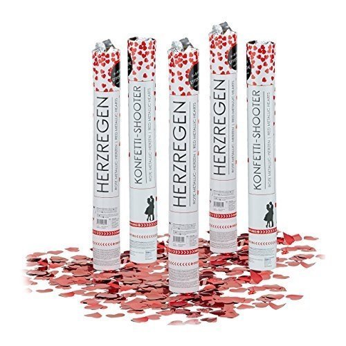 5 x Party Popper 40 cm rote Herzen im Konfettikanonen Set, Konfetti Bombe für Hochzeit und Geburtst