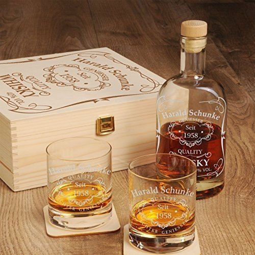 6-teiliges Whisky Geschenk-Set in Holzkiste New York Bar inkl. Gravur Motiv - "Quality Whisky"