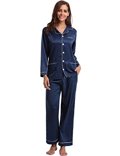 Aibrou Damen Herbst Klassische Schlafanzug Satin V-Ausschnitt Zweiteiliges Pyjama Nachtwäsche Set B