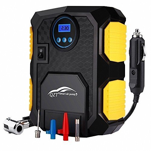 Auto-Luftpumpe,QZT Tragbare Auto reifenpumpe mit LED-Licht und Digital-Manometer. 3 Ventiladapter, 3