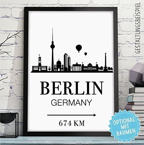 Bild mit Skyline & individueller Entfernung + Wunschtext - Rahmen optional - personalisiertes Wand-B