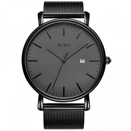 BUREI Herren Uhren Ultra Dünne Schwarze Minimalistische Quartz mit Datumsanzeige und Milanese Armba