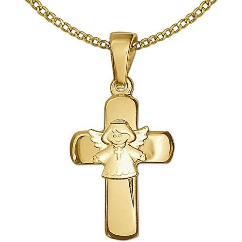 CLEVER SCHMUCK-SET Goldener Anhänger Kreuz 15 mm glänzend mit aufgesetztem Kinderengel Kreuzkette 