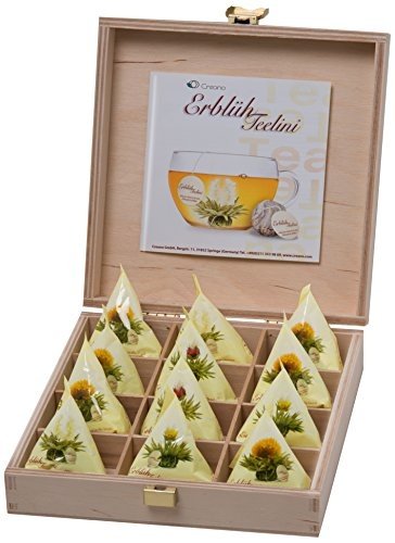 Creano Teelini Teeblumen im Tassenformat, Geschenkset in Teekiste aus Holz, 12 ErblühTeelini in 4 S