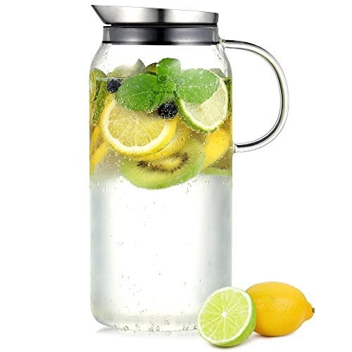 Ecooe Glaskaraffe 1,5 Liter (Volle Kapazität) Glaskrug aus Borosilikatglas Wasserkrug mit Edelstahl