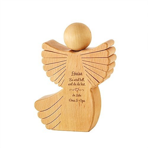 Engel aus Holz mit Gravur zur Geburt
