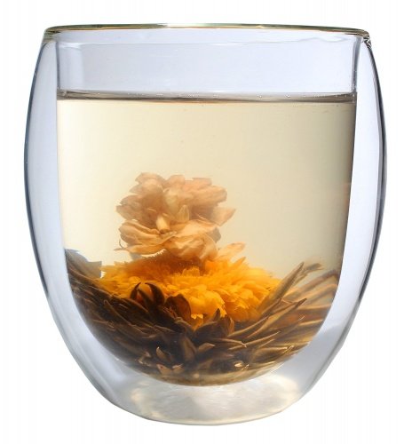 Feelino XXL 400ml doppelwandiges Thermo-Glas "Ice-Bloom" inkl. einer Teeblume, extra großes Teeglas