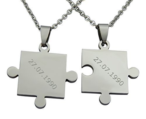 Gravierte Puzzle Kette mit Wunsch Gravur Partner-ketten aus Edelstahl in silber Puzzle-Teil Anhänge