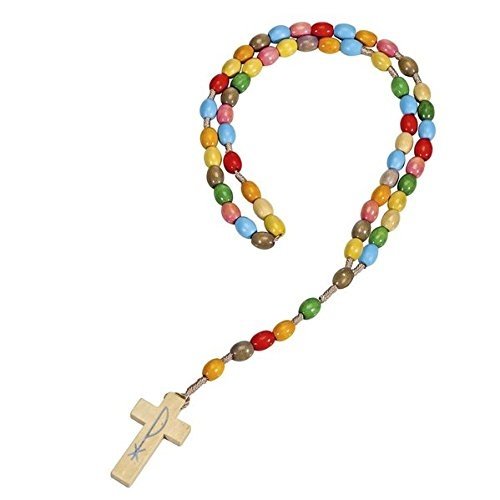 Holz-Rosenkranz »Gott segne dich«: Rosenkranz mit bunten Perlen und Kreuzanhänger aus Holz