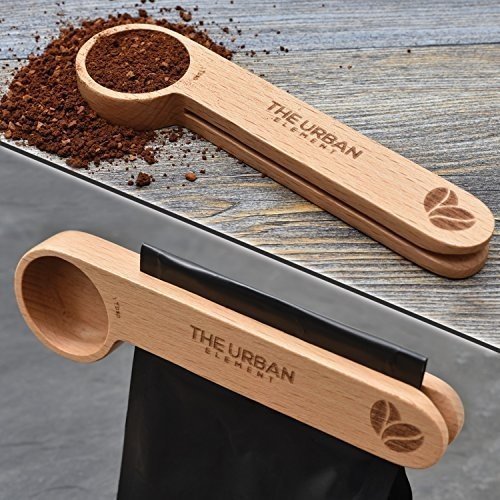 Kaffeelöffel und Frische Clip aus Holz - Stabiler Messlöffel aus Buchenholz - Maßeinheit 1 EL - K