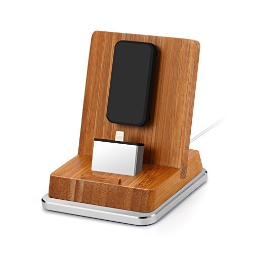 Komost Bambus iPhone Dockingstation, Ladestation stehen mit Aluminium Basis für iPhone 8 Plus / 8, 