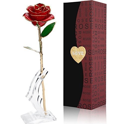 Magicpeony 24k Gold Rose Echte Konservierte Rose mit Echtem Grünen Blatt - mit Geschenkbox für Fra