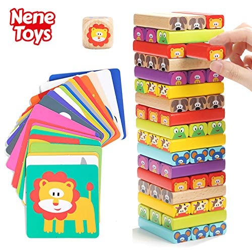 Nene Toys Wackelturm 4 in 1 aus Holz mit Farben und Tieren