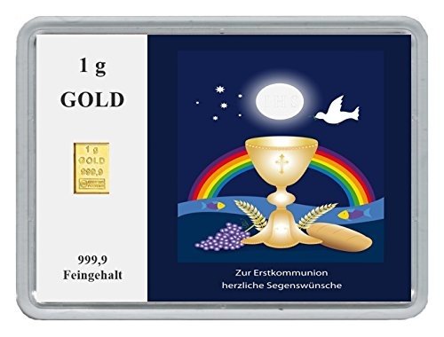 New Edition 1g Goldbarren 999,9 Feingold in Motivbox "Zur Erstkommunion herzliche Segenswünsche"