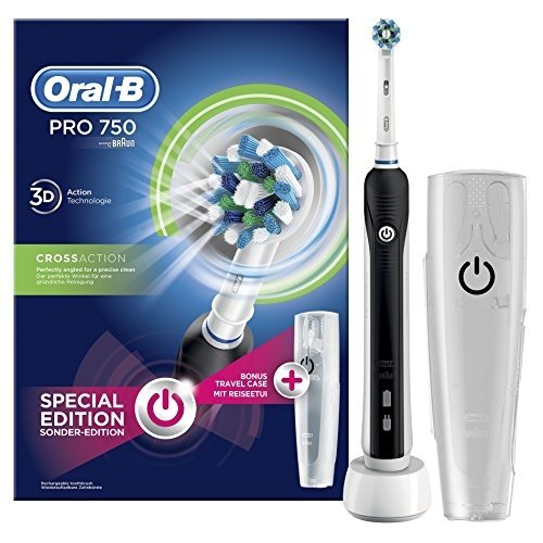 Oral-B Pro 750 Elektrische Zahnbürste, mit CrossAction Aufsteckbürste, Bonus Pack mit Reise-Etui, 