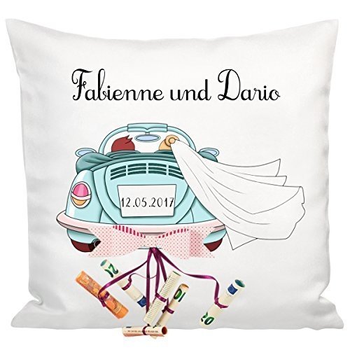 Personalisiertes Kissen Hochzeitsauto für Geldscheine (Türkis) – persönliche Hochzeitsgeschenke