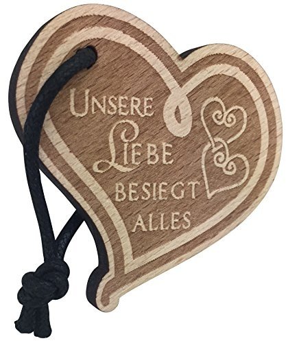 Schlüsselanhänger Herz aus Holz mit Gravur "Unsere Liebe besiegt alles" Geschenk für Frau oder Ma