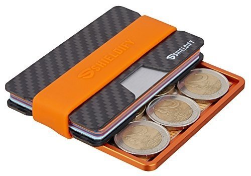 SHIELDIFY ® Carbon Slim Wallet Münzfach CoinCard RFID Blocker - bis 16 Karten mit 4 Bändern - Spa