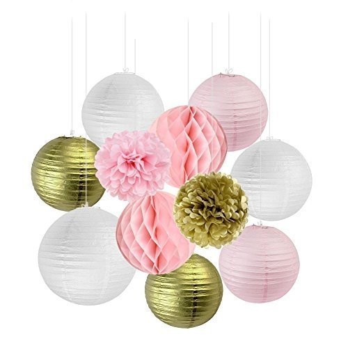 SUNBEAUTY 11er Set Gold Rosa Weiß Tissue Papier Honeycomb Wabenball Lampion Pom Poms Party Feier Ge