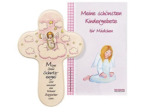Taufkreuz / Kinderkreuz für Mädchen in rosa Holz "Schutzengel mit Harfe"