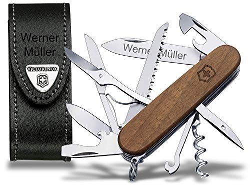 Victorinox Huntsman Wood Taschenmesser Set, inkl. Lederetui und Wunschgravur