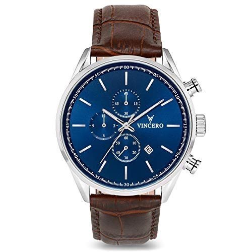 Vincero Luxus Chrono S Herren Armbanduhr - Blaues Zifferblatt mit braunem Lederarmband - 43mm Chrono