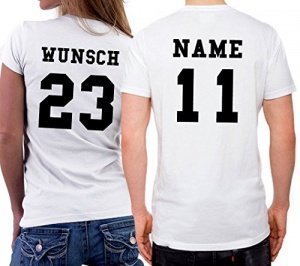 2 Partner Look Shirts mit Wunschname und Wunschzahlen auf Rücken für Pärchen als Geschenk