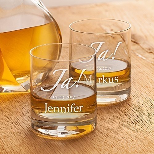 2er Set Whisky Gläser mit Gravur zur Hochzeit – Motiv „Ja!“ – Personalisiert mit [WUNSCHNAM