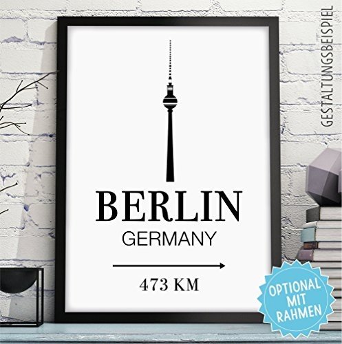 Bild mit Skyline & individueller Entfernung + Wunschtext - Rahmen optional - personalisiertes Wand-B