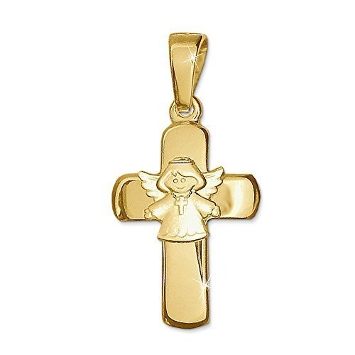 CLEVER SCHMUCK-SET Goldener Anhänger Kreuz 15 mm glänzend mit aufgesetztem Kinderengel Kreuzkette 