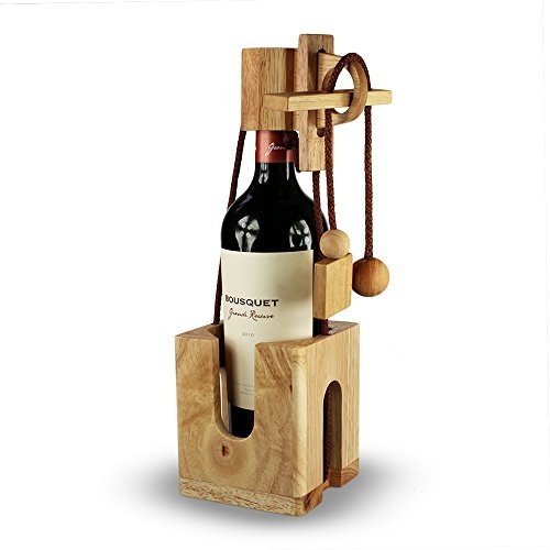 Flaschen-Puzzle aus hellem Edelholz - Geschenk-Verpackung für Weinflaschen - Geduldspiel - Denkspie