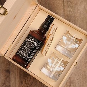 Holzkiste mit Jack Daniels No.7 | 6-tlg. Whisky Geschenk-Set New York Bar inkl. Gravur "Motiv - Fass