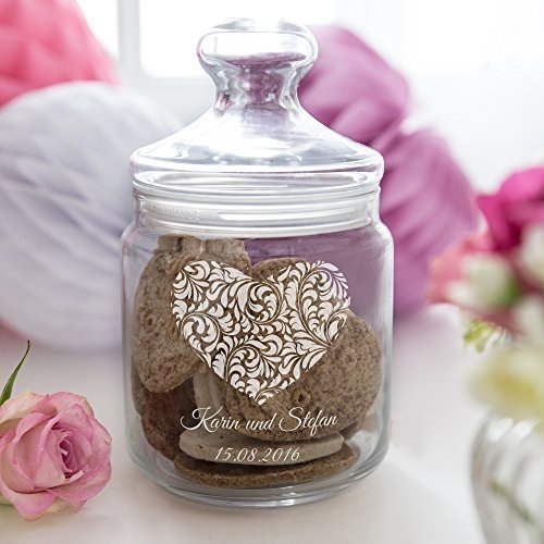 Keksglas Vorratsglas mit Gravur (mit Namen und Datum graviert), Herz Motiv, Geschenk für Paare und 