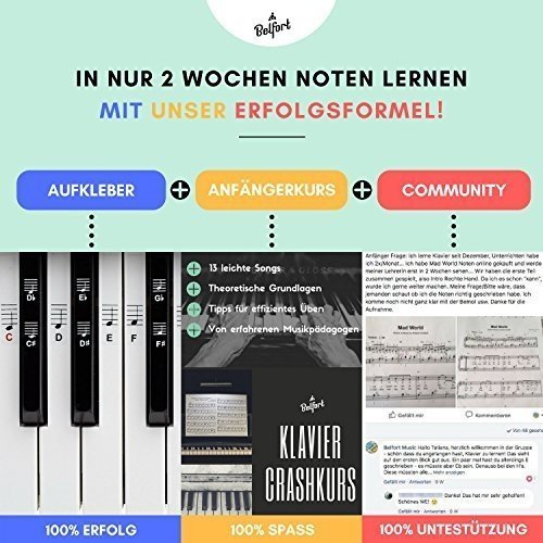 Klavier + Keyboard Noten-Aufkleber für 49 | 61 | 76 | 88 Tasten + Gratis Ebook | Premium Piano Stic