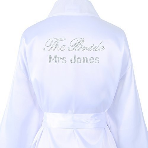 Luxus-Bademantel aus Satin für die Braut, Kimono, Hochzeit, Kristallsteine, personalisierbar weiß