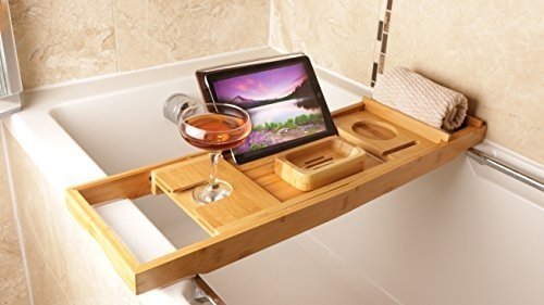 Luxus-Badewannenablage, Badewannenauflage mit Sekthalter, Badewannentablett mit Buchstütze aus hell