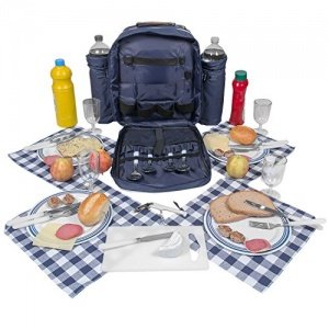 Picknick Rucksack Picknicktasche Kühltasche Kühlfach + Geschirr Besteck blau