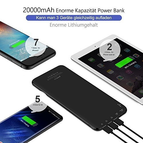 Powerbank 20000mAh Ultra Dünner Externer Akku - OSSKY mit 3 Ausgängen und 2 Eingängen. Schnelllad