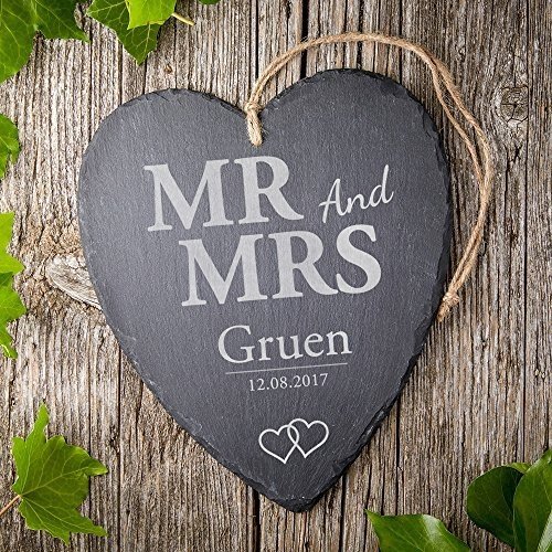 Schieferherz mit Gravur Mr and Mrs – Personalisiert mit Namen und Datum – Motiv Herzen – Schö