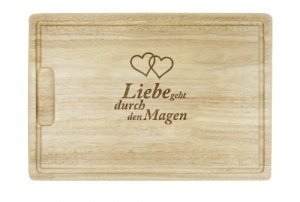Schneidebrett mit besonderer Gravur " Liebe geht durch den Magen " - Motiv Herzen - Schönes Hochzei